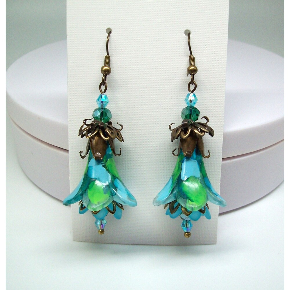 Boho Floral Statement Earrings, Vintage Style, Antique Bronze, Hand Painted, Art